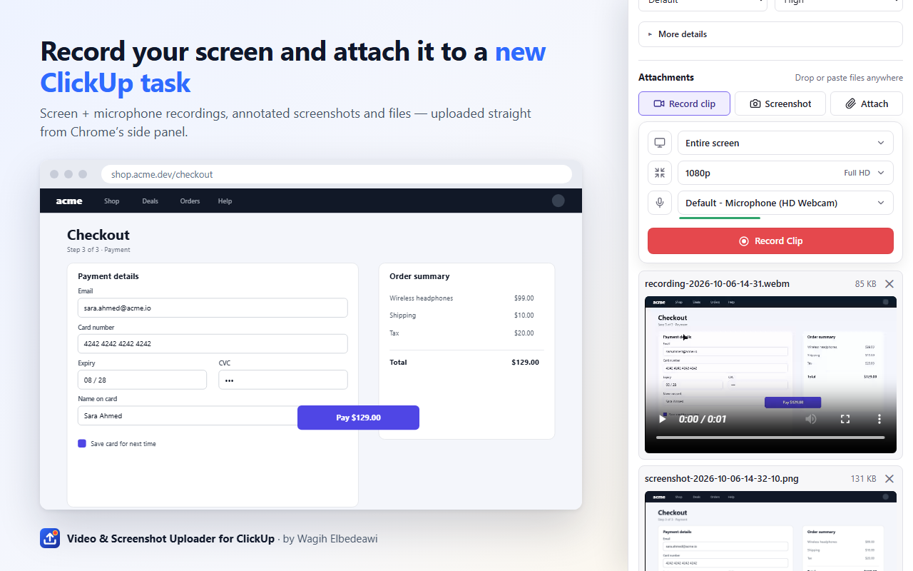 A web page with the extension's side panel docked on the right: a new ClickUp task with a screen recording and an annotated screenshot attached