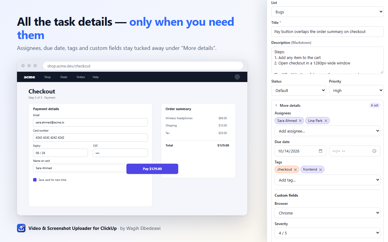The side panel's More details section with assignees, due date, tags and custom fields filled in