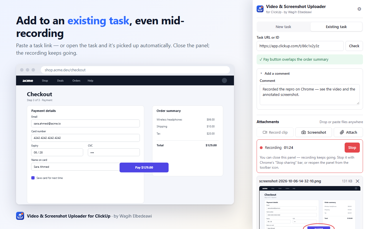 The side panel attaching a screenshot and a comment to an existing task while a recording is in progress
